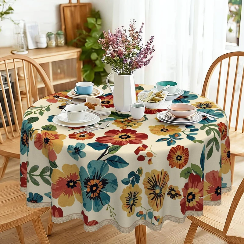 Runde Tischdecke 140 cm Vintage Wildblume | Wetterfest & Abwaschbar