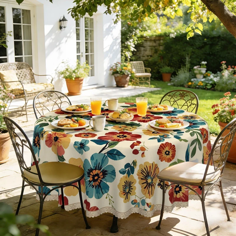 Runde Tischdecke 140 cm Vintage Wildblume | Wetterfest & Abwaschbar