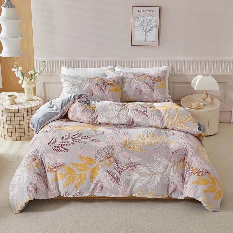 Plüsch Bettwäsche Set 220x240 Winterwarm Rosa Grau Gelb