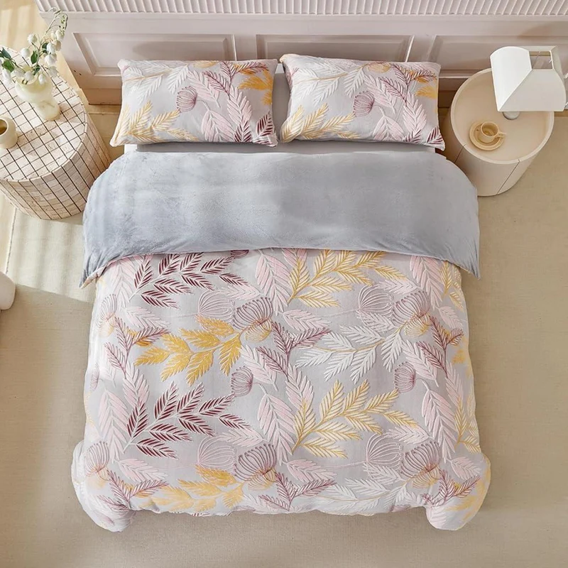 Plüsch Bettwäsche Set 220x240 Winterwarm Rosa Grau Gelb