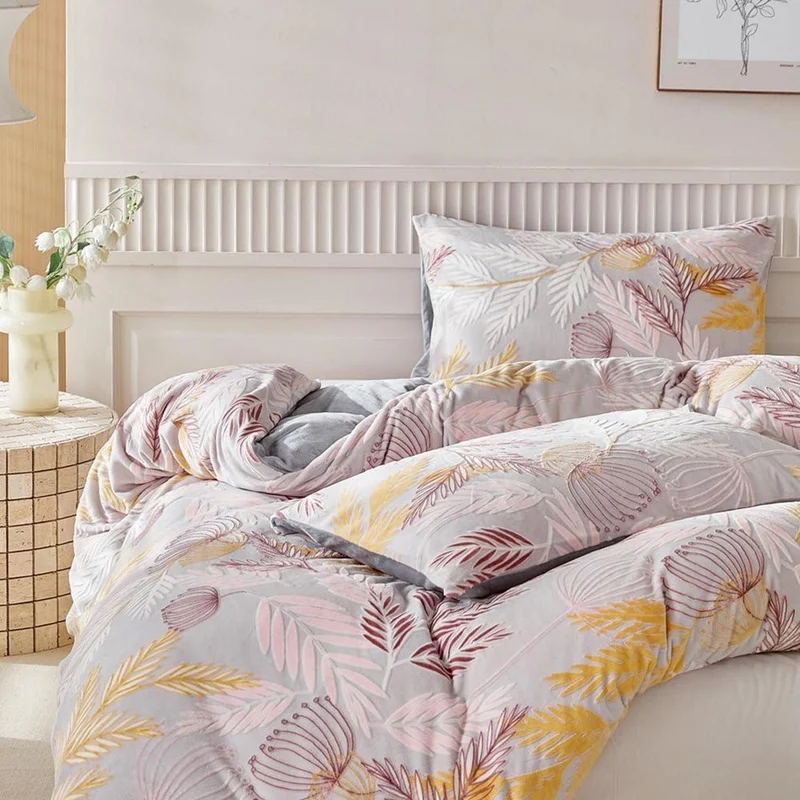 Plüsch Bettwäsche Set 220x240 Winterwarm Rosa Grau Gelb