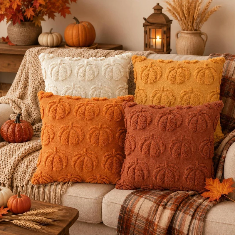 4er-Set Herbstkissenbezüge 45x45cm Kürbisdeko Orange