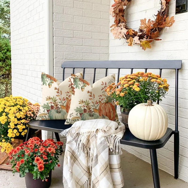Herbst Kissenbezug 50x50 - 2er Set Kürbis Deko Leinen