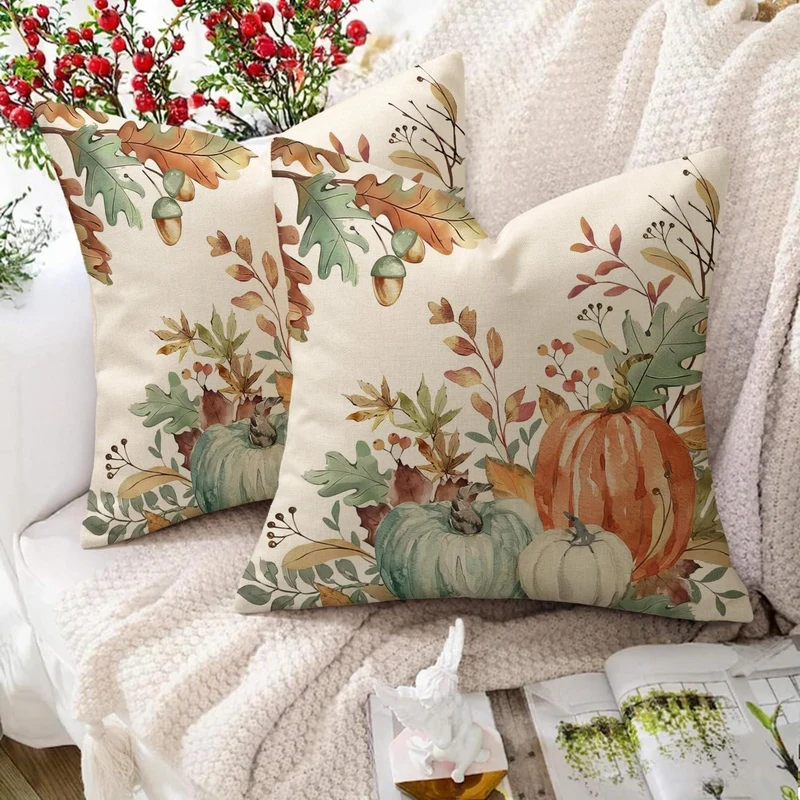 Herbst Kissenbezug 50x50 - 2er Set Kürbis Deko Leinen