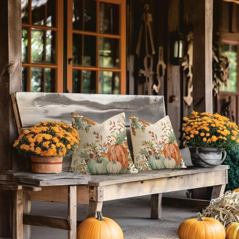 Herbst Kissenbezug 50x50 - 2er Set Kürbis Deko Leinen