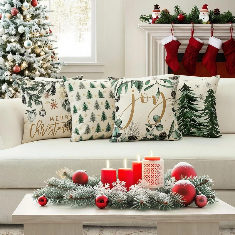 Weihnachtskissenbezüge 4er Set – 40x40 cm, Baum & Kugel