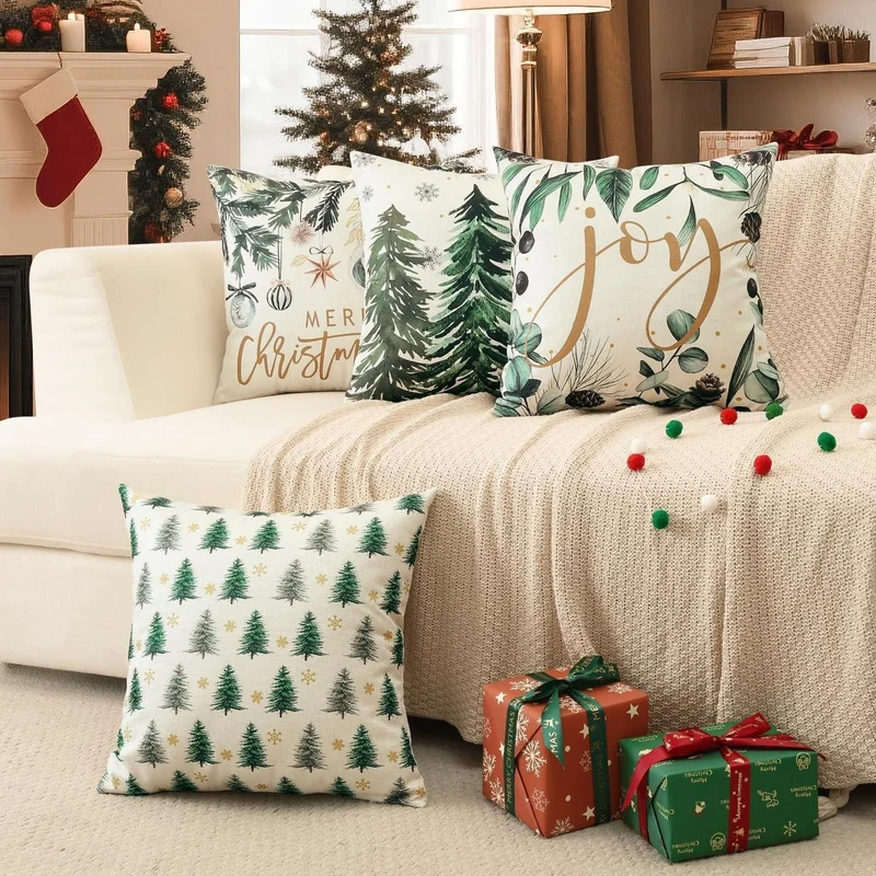 Weihnachtskissenbezüge 4er Set – 40x40 cm, Baum & Kugel