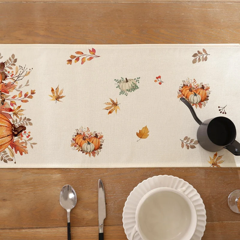 Herbst Tischläufer Orange Kürbisblätter 33x183 cm