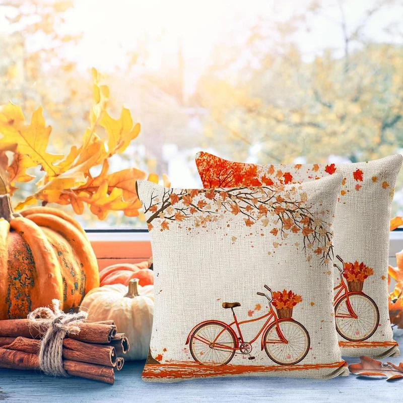 Herbst Kissenbezüge 4er Set Ahornblatt Leinen 45x45 cm
