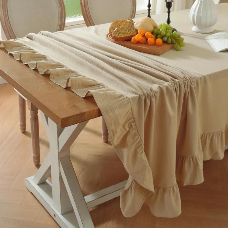 Runde Baumwoll-Leinen Tischdecke mit Rüschen | 180cm | Beige