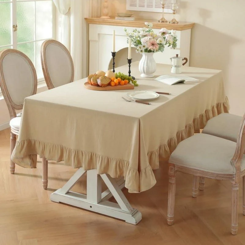 Runde Baumwoll-Leinen Tischdecke mit Rüschen | 180cm | Beige
