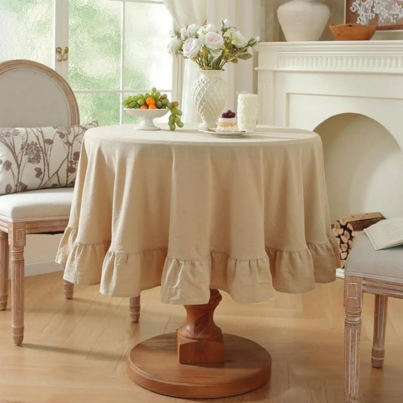 Runde Baumwoll-Leinen Tischdecke mit Rüschen | 180cm | Beige