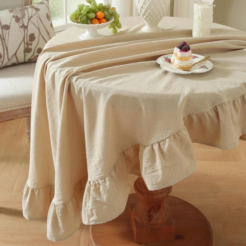 Runde Baumwoll-Leinen Tischdecke mit Rüschen | 180cm | Beige