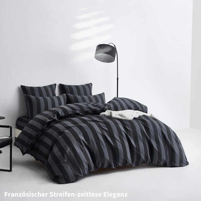 Baumwoll Bettwäsche Set 220x240 Dunkelgrau Gestreift 3-teilig