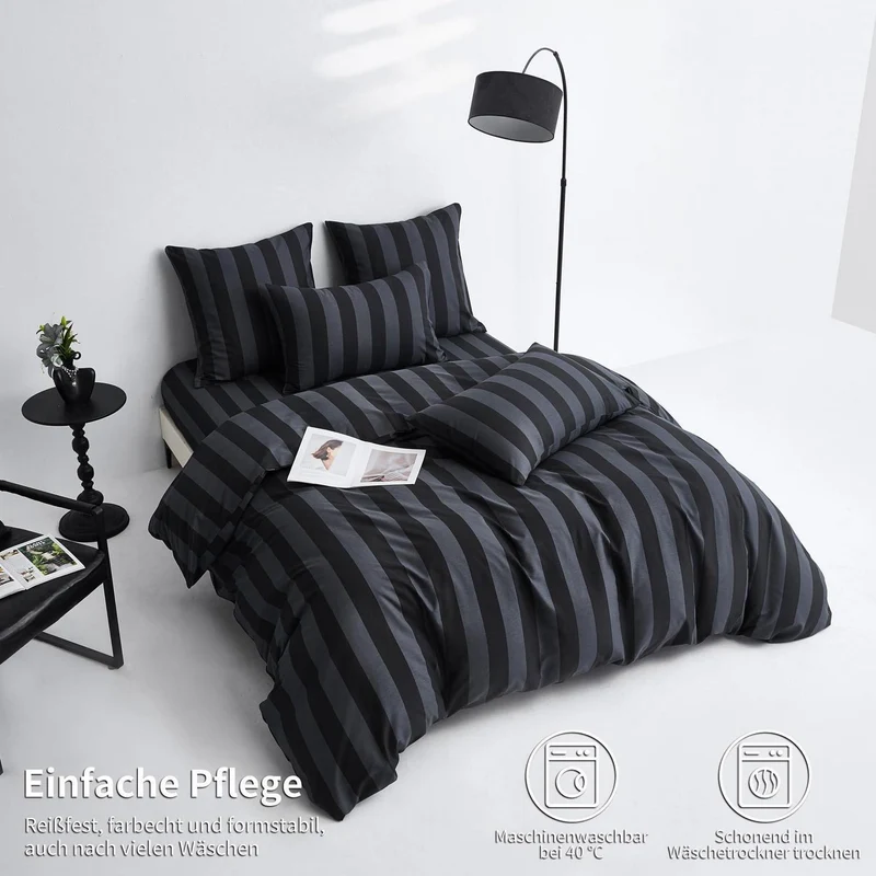 Baumwoll Bettwäsche Set 220x240 Dunkelgrau Gestreift 3-teilig