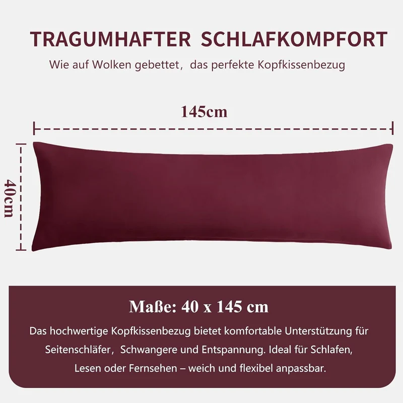 Kissenbezug 40x145 cm 2er Set Burgunderrot Mikrofaser mit Reißverschluss