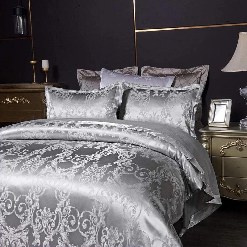 Silberne Bettwäsche 135x200 cm, 2-teilig, Grau, Satin & Jacquard
