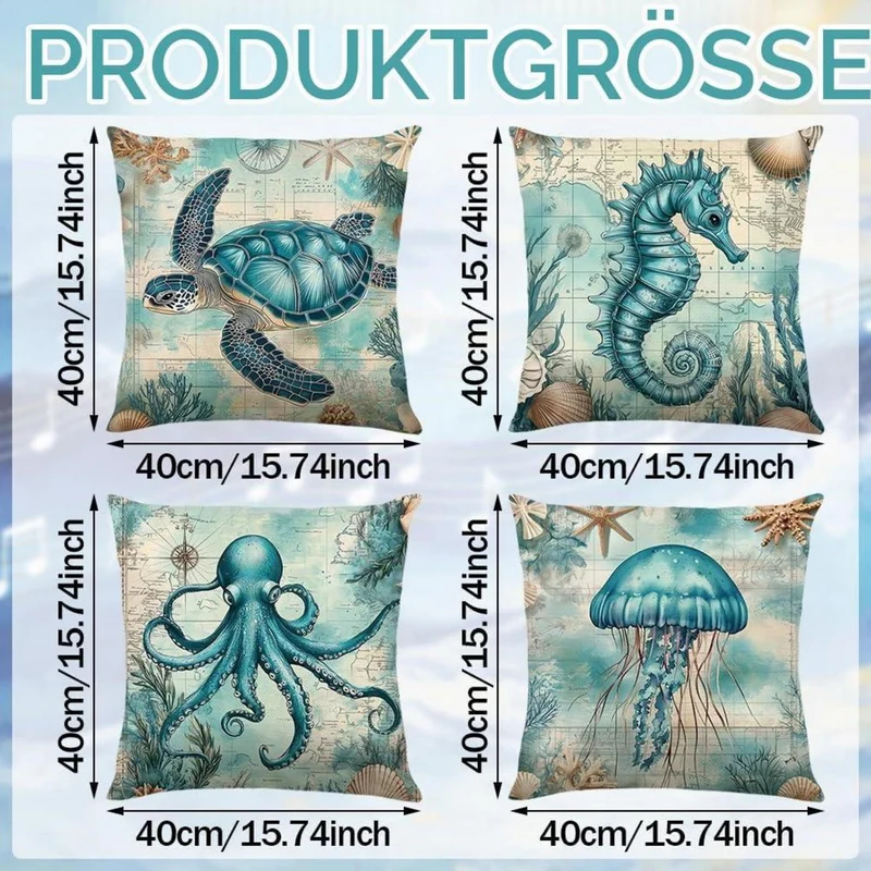 4er-Set Maritime Kissenbezüge 40x40cm - Ozean Dekor