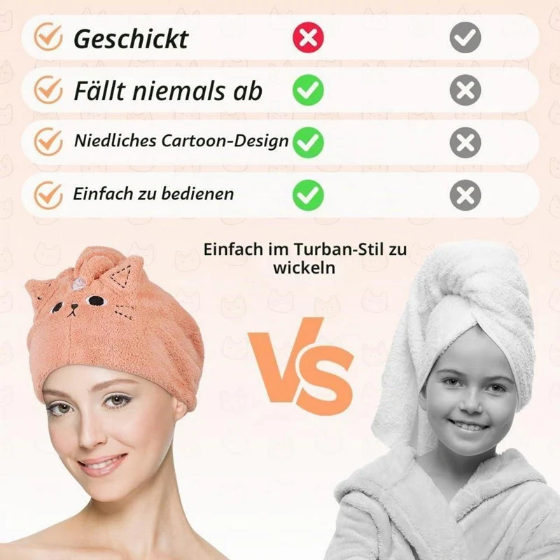 Haarturban 2er-Pack Mikrofaser Rosa Grau Katze