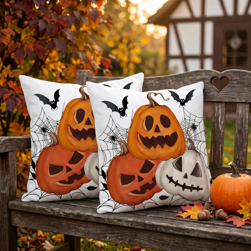 Halloween Kissenbezug 2er Set 45x45 cm - Spinnennetz & Kürbis