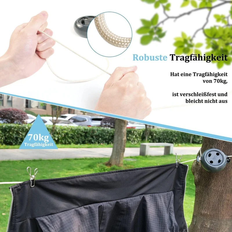 Ausziehbare Wäscheleine 10m mit Clips für Camping & Reise (Schwarz)