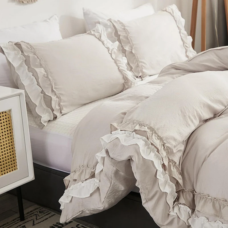 Bettwäsche-Set 200x220 cm, Rüschenoptik, Beige, 3-teilig