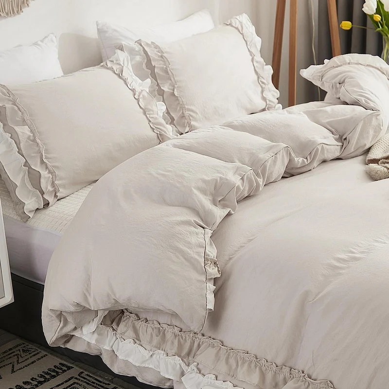 Bettwäsche-Set 200x220 cm, Rüschenoptik, Beige, 3-teilig