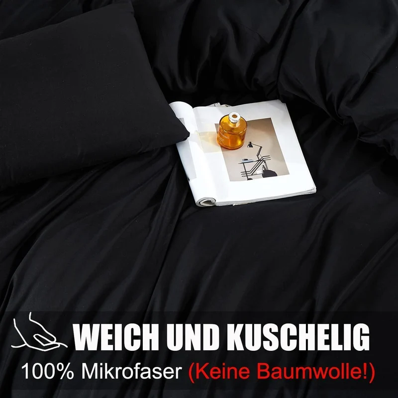 Bettwäsche-Set Mikrofaser 180x200 cm Schwarz Bügelfrei