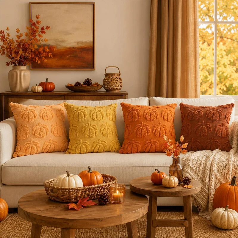4er-Set Herbstkissenbezüge 45x45cm Kürbisdeko Orange