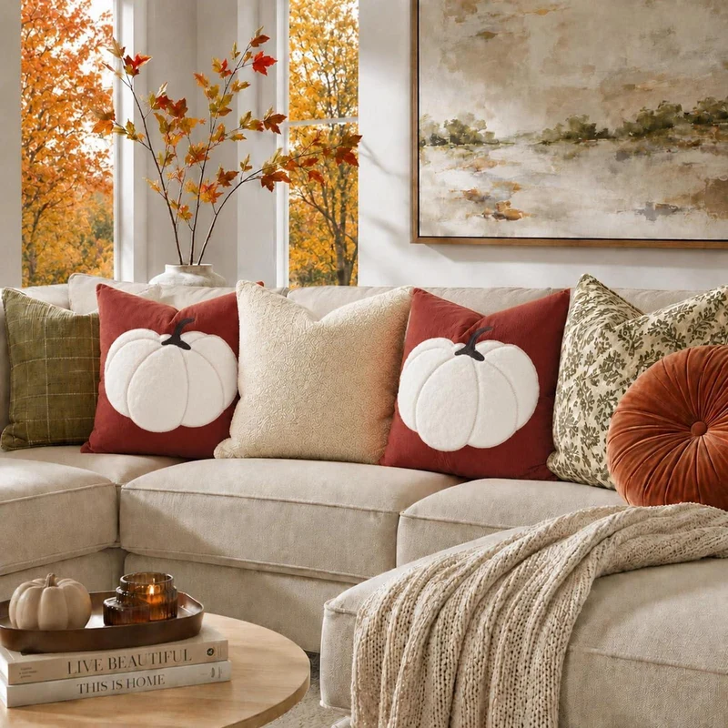 Herbst Kissenbezug 45x45 cm - 2er Set Rost & Kürbis Deko