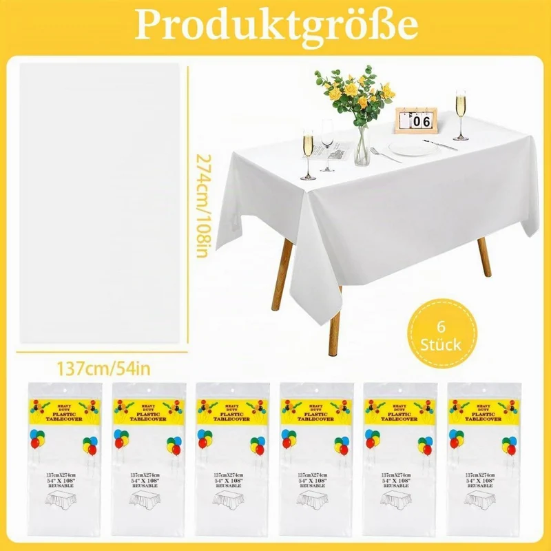 6x Weiße Tischdecken 137x274cm – Einweg für Party & Outdoor