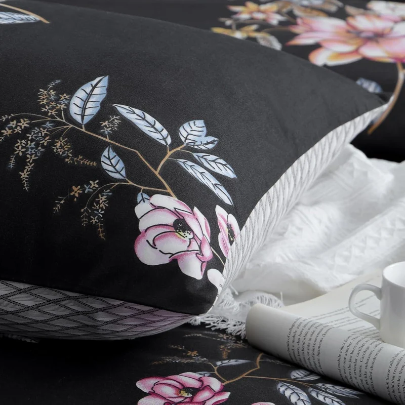 Bettwäsche-Set 220x240 cm Blumen Schwarz Mikrofaser mit Reißverschluss