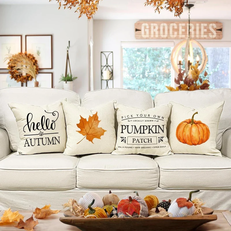 Herbst Kissenbezug 50x50 4er Set - Kürbis Deko Leinen