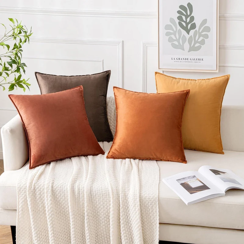 Samt Kissenbezug 4er Set 45x45 cm Khaki - Dekokissen für Sofa & Wohnzimmer