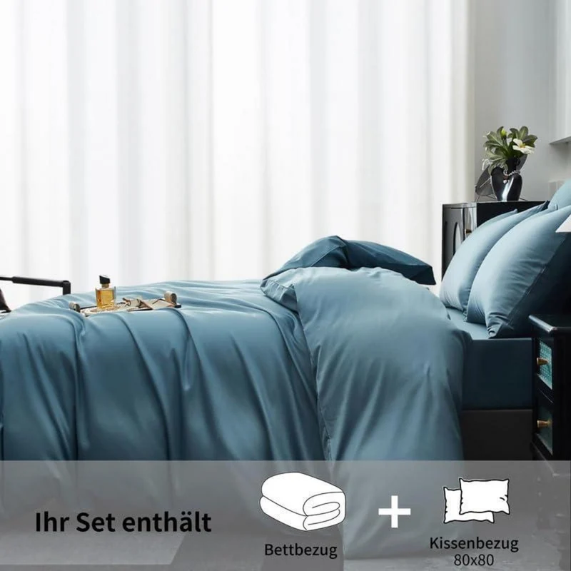 Mako Satin Bettwäsche Set 200x220cm Blau Petrol 3tlg.