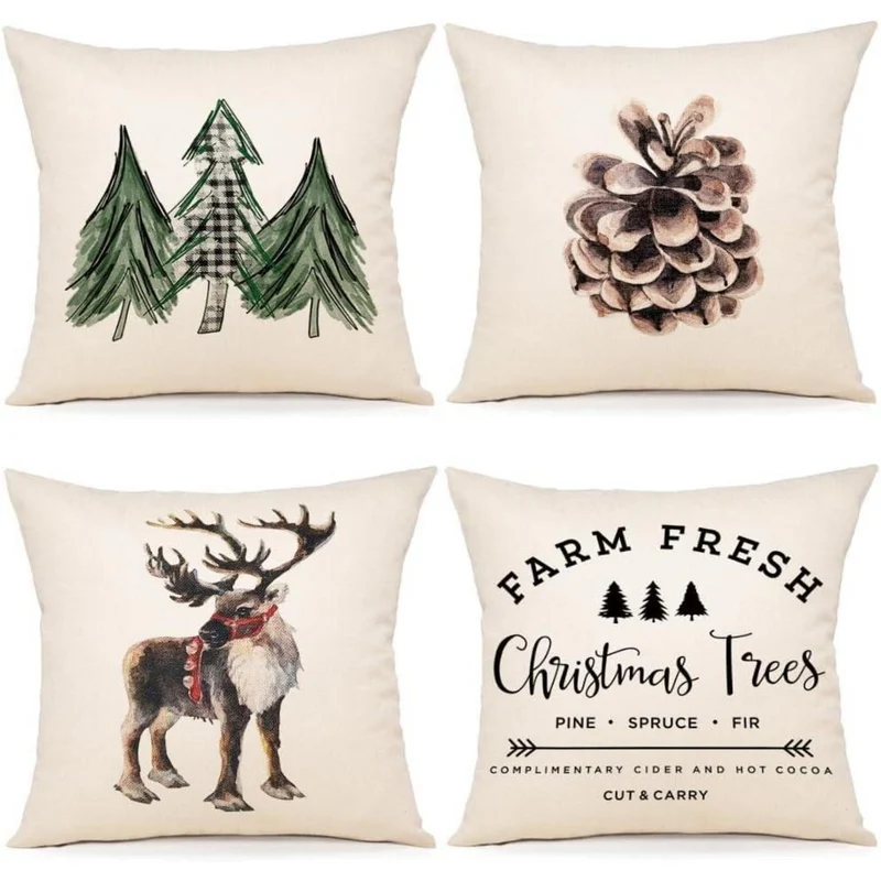 Weihnachtskissenbezug 50x50 cm, 4er Set Leinen