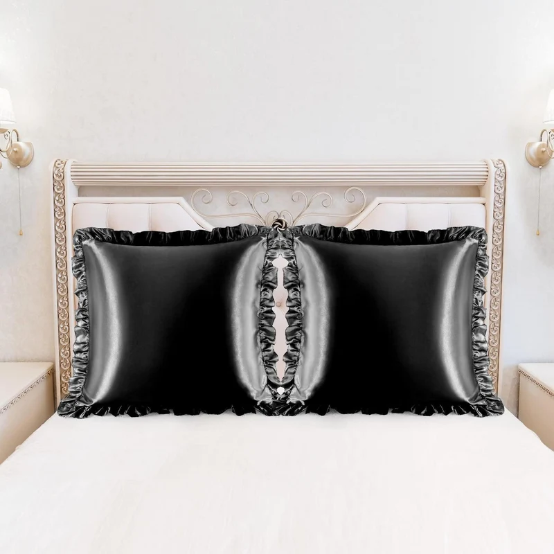 Satin Kissenbezug 2er Set mit Rüschen 80x80cm Schwarz
