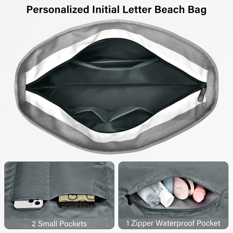XXL Strandtasche Damen mit Reißverschluss, wasserdicht, hellgrau