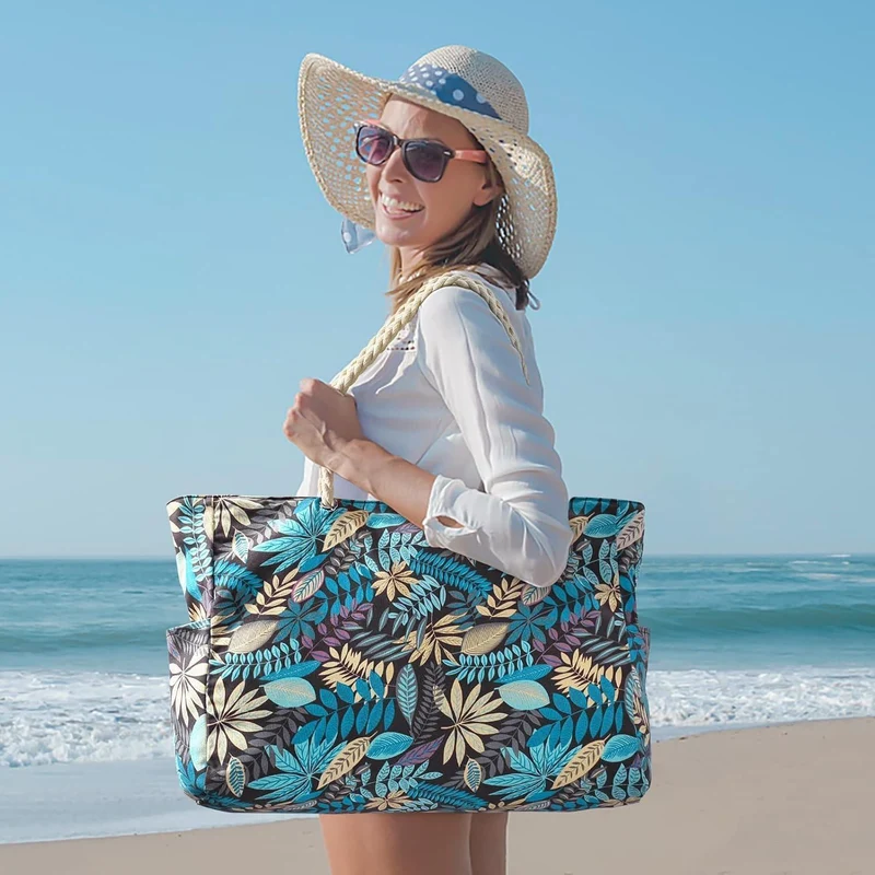 XXL Strandtasche mit Reißverschluss, Blaues Blatt