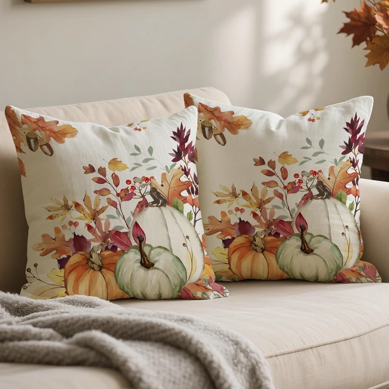 Herbst Kissenbezug 50x50 Kürbis & Blätter 2er Set