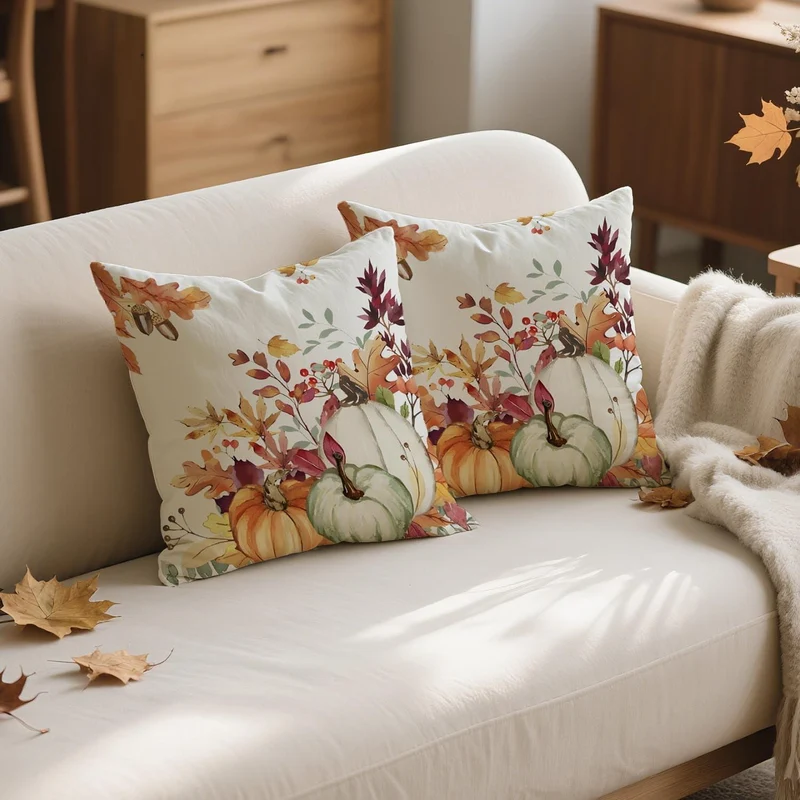 Herbst Kissenbezug 50x50 Kürbis & Blätter 2er Set