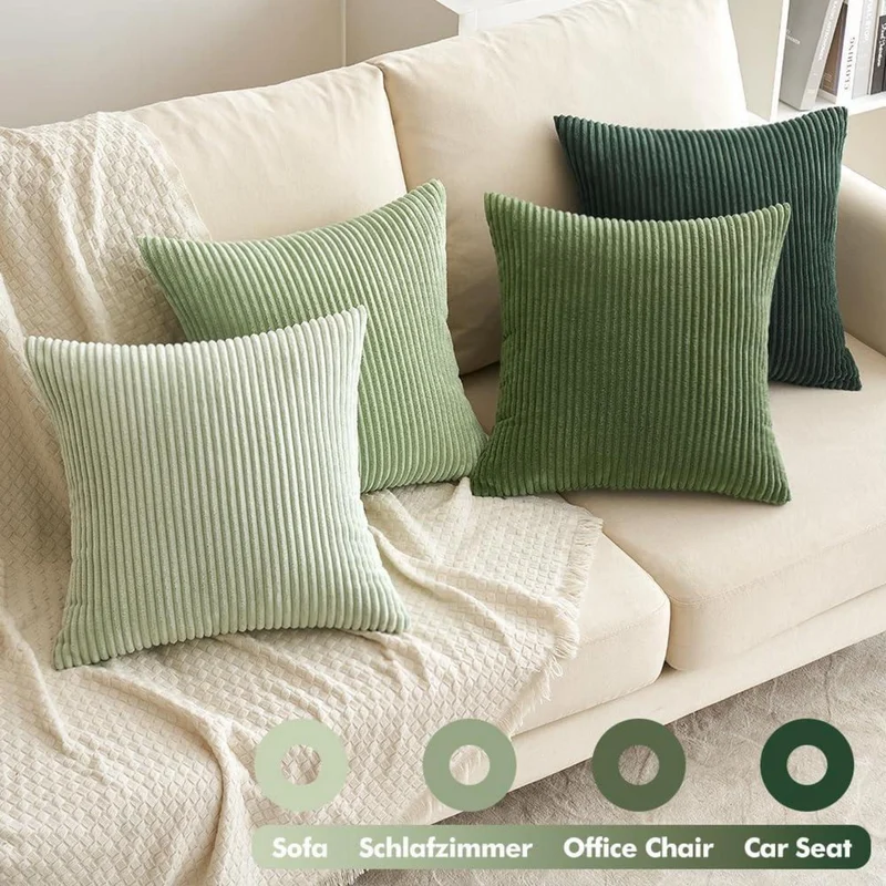 Kissenbezüge 4er Set 40x40 cm Salbeigrün Kordsamt Weich