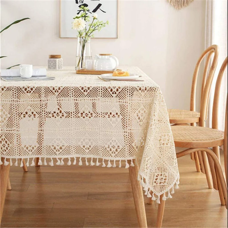 Gehäkelte Tischdecke Rechteckig Baumwolle Beige 140x220 cm
