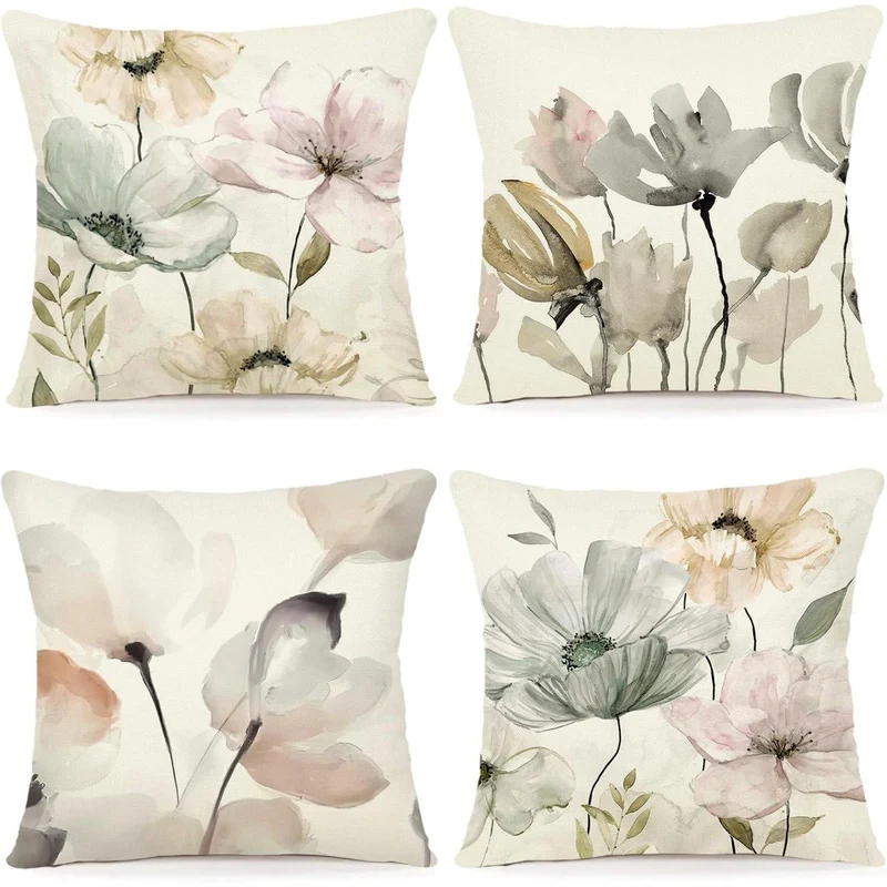 Blumen Kissenbezug 40x40 - 4er Set Leinen Outdoor Deko