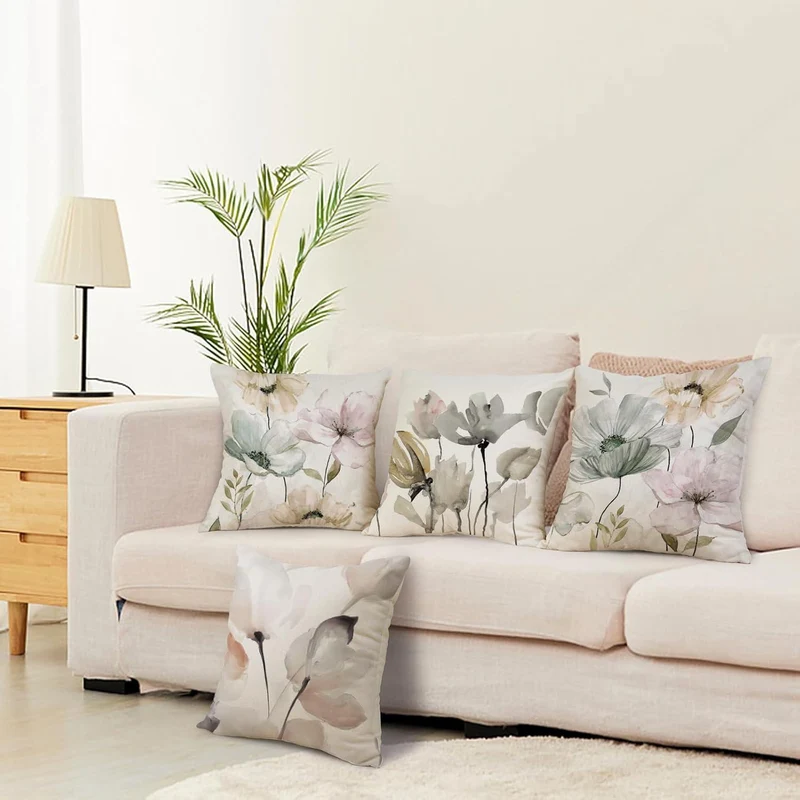 Blumen Kissenbezug 40x40 - 4er Set Leinen Outdoor Deko