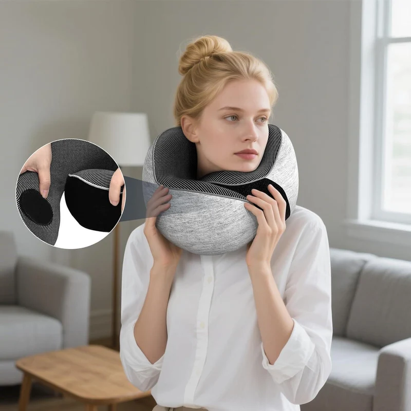 Reisekissen Memory Foam – Verstellbar, Grau mit Zubehör