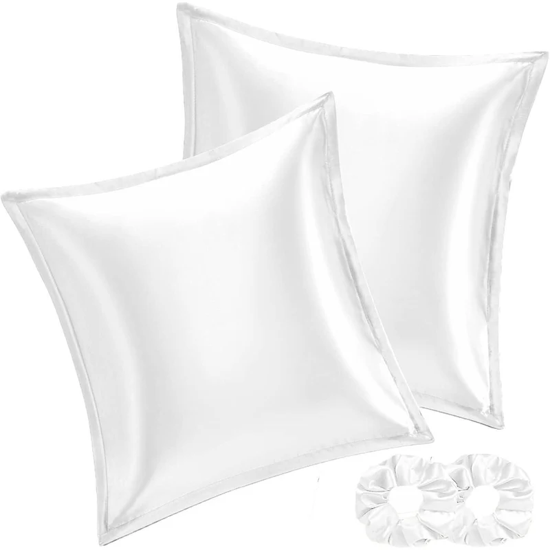 2er Set Satin Kissenbezug 65x65 Weiß mit Haargummis
