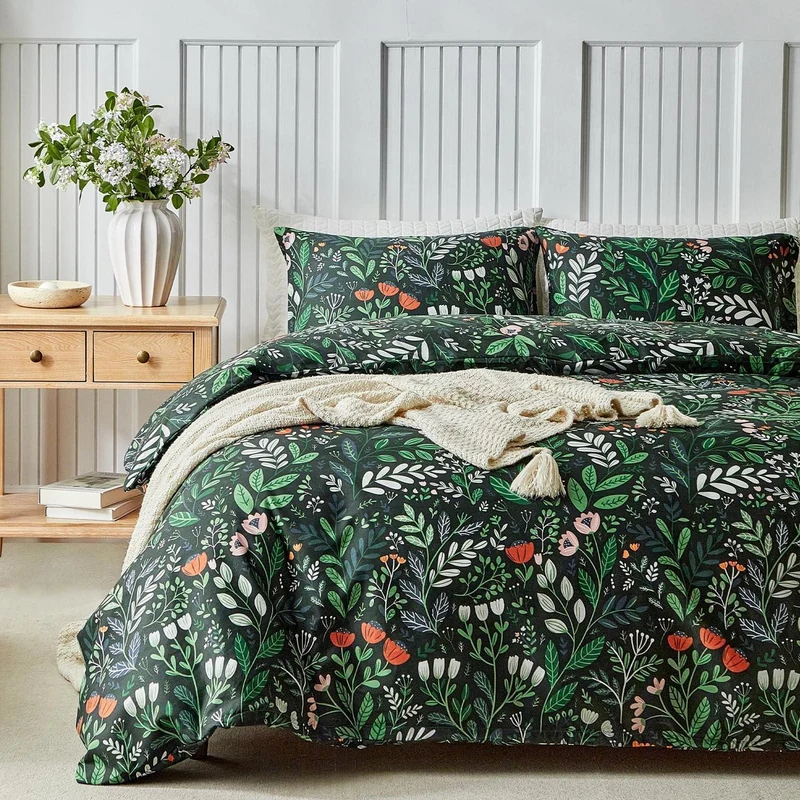 Vintage Blumen Bettwäsche Set Schwarz Grün 200x200 cm