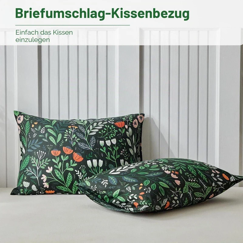 Vintage Blumen Bettwäsche Set Schwarz Grün 200x200 cm