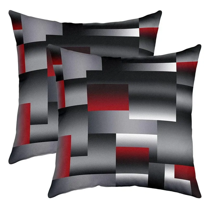 2er Set Geometrische Kissenbezüge 50x50cm Rot Grau Schwarz